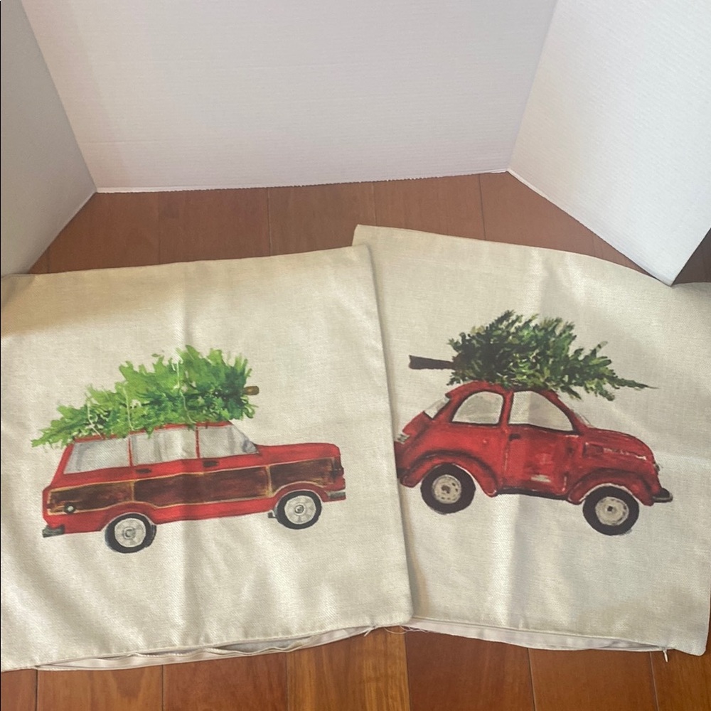Festive Red Car Christmas Tree Holiday Pillow Covers shams 17x17”